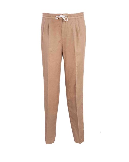 Shop BRUNELLO CUCINELLI  Trousers: Brunello Cucinelli leisure fit trousers in linen and cotton gabardine with drawstring and pleats.
Zip closure with metal hooks and drawstring.
Front pockets.
Rear welt pockets.
Pincers.
Leisure fit.
Composition: 54% LINEN, 46% COTTON.
Made in Italy.. M291DE1710-C6301